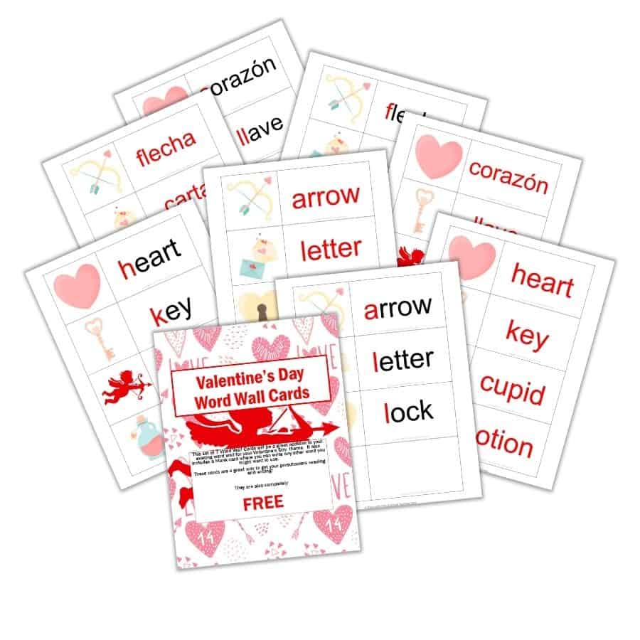 Valentine's Day Word Wall Cards - English and Spanish
