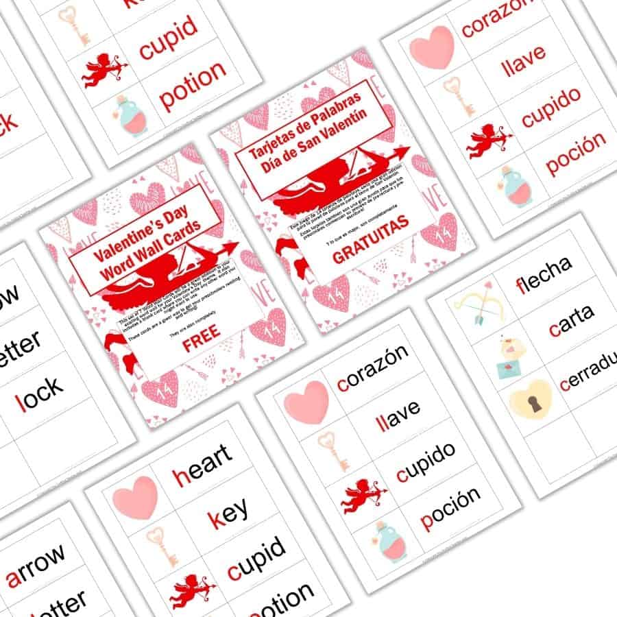 Valentine's Day Word Wall Cards - English and Spanish