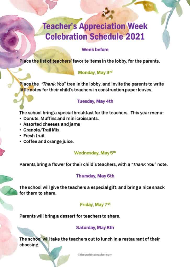 Teacher's celebration schedule