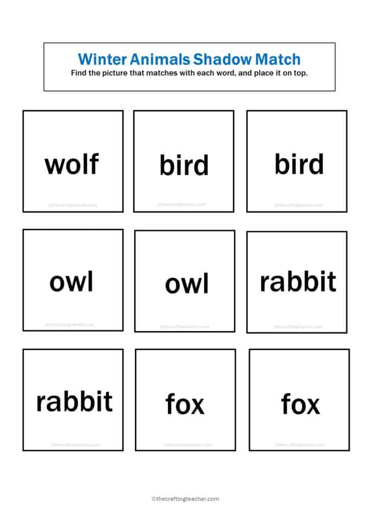 Winter Animals Shadow Match Word Tiles