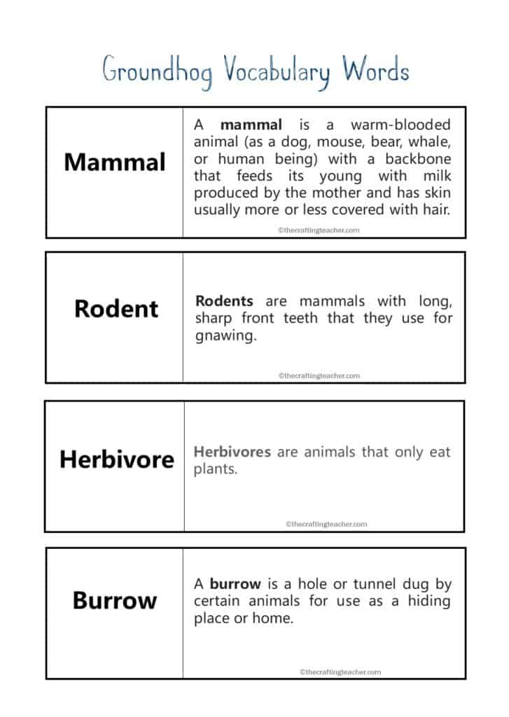 Groundhog Vocabulary Words Definitions - Part 1