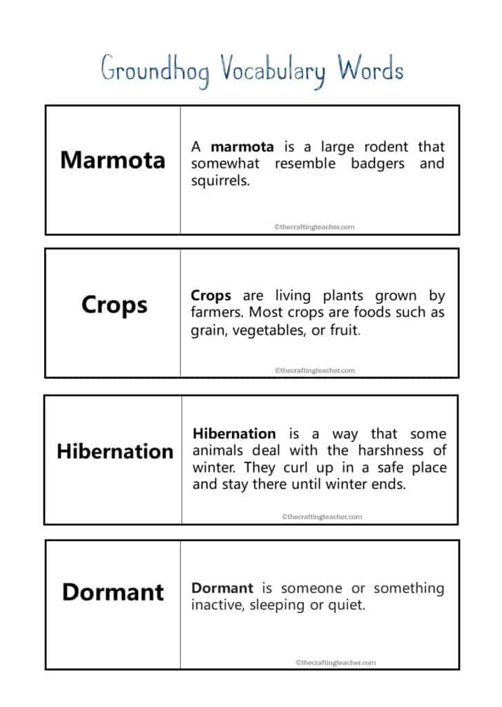 Groundhog Vocabulary Words Definitions - Part 2