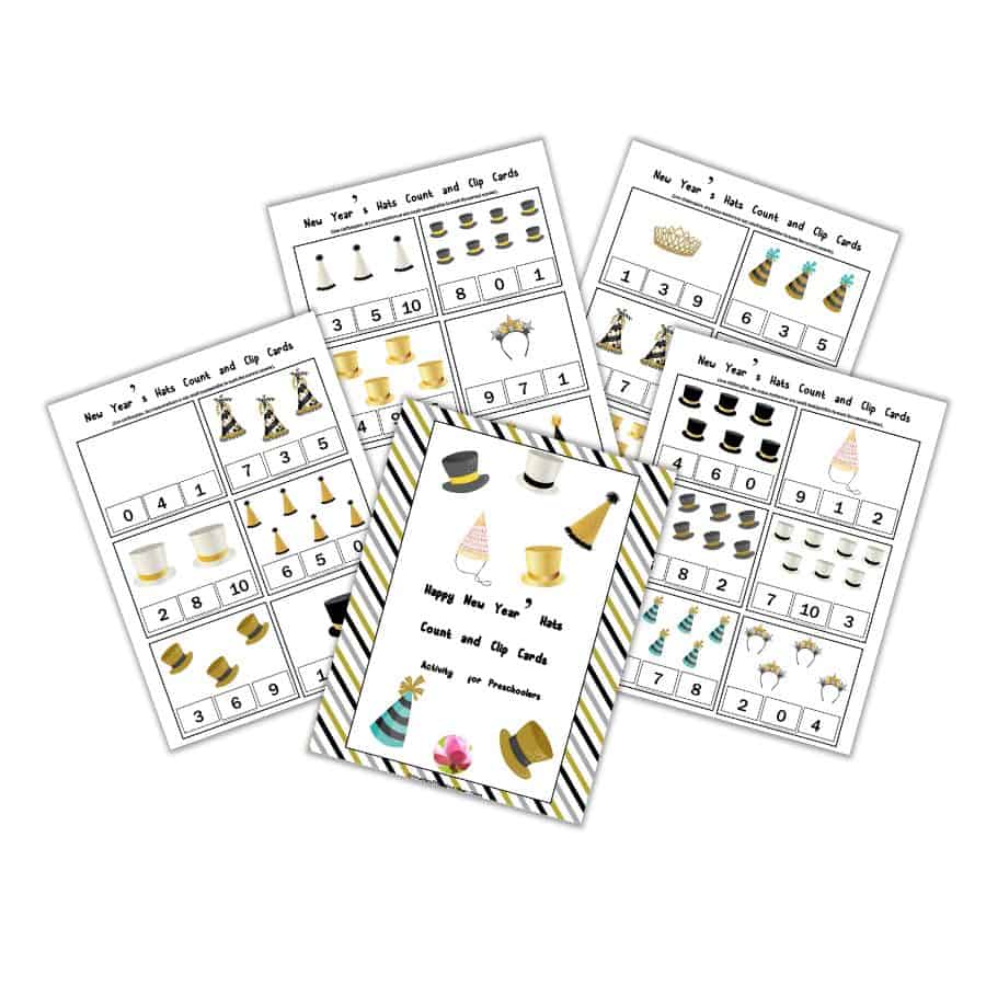 New Year's Hats Count & Clip Cards for Preschoolers