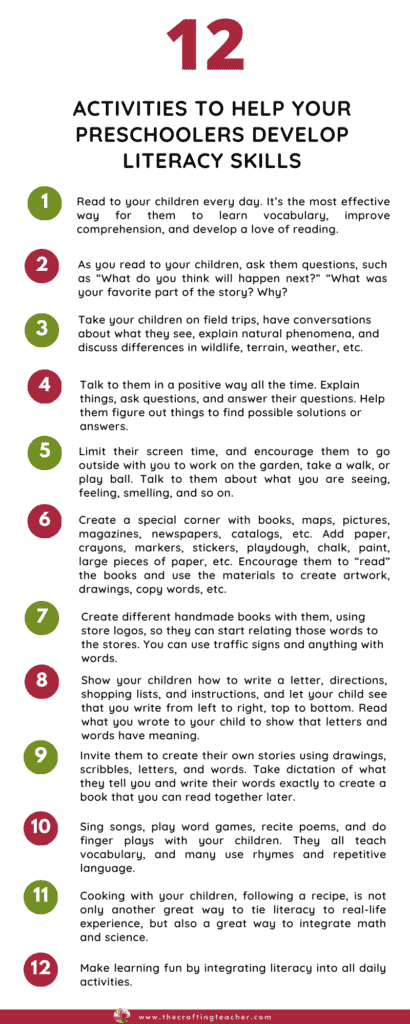 12 Activities to Help Your Preschoolers Develop Literacy Skills Infographic