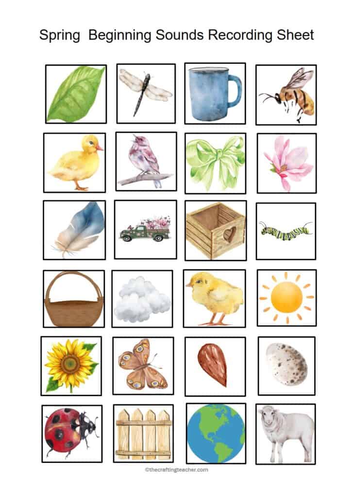 Spring Beginning Sounds Game's Recording Sheet