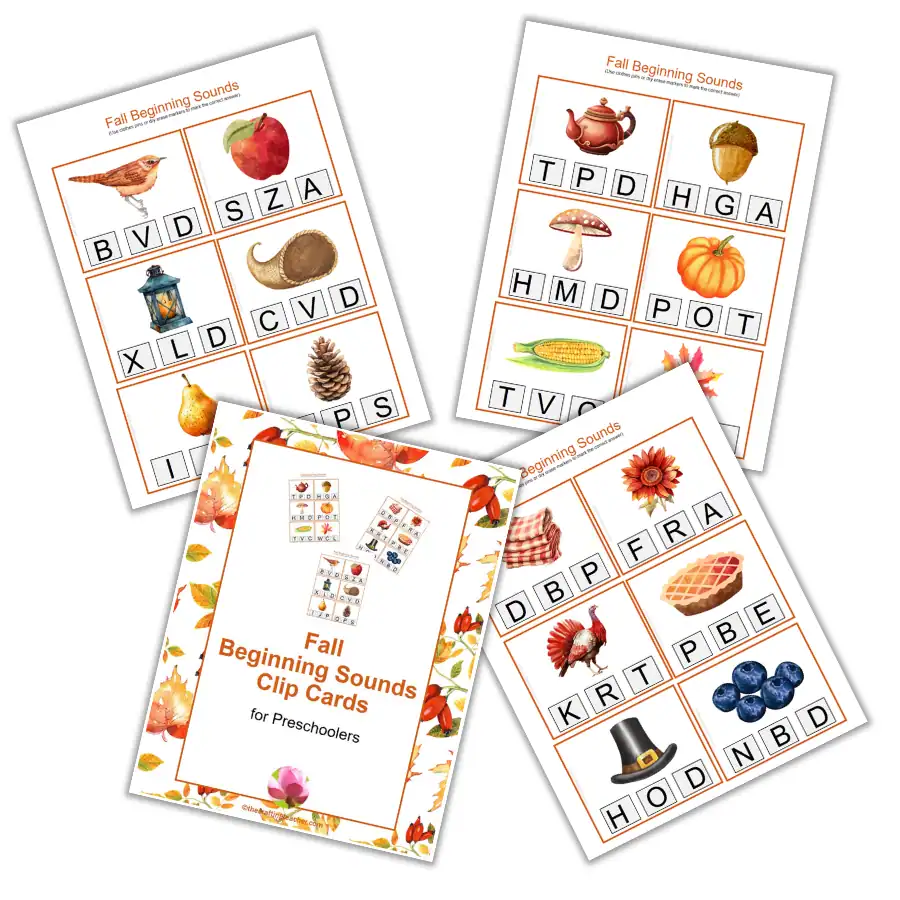 Fall Beginning Sounds Clip Cards for Preschoolers