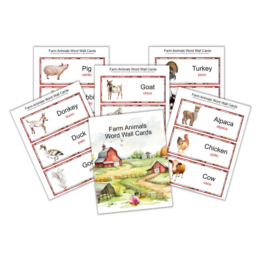 Farm Animals Word Wall Cards for Preschoolers